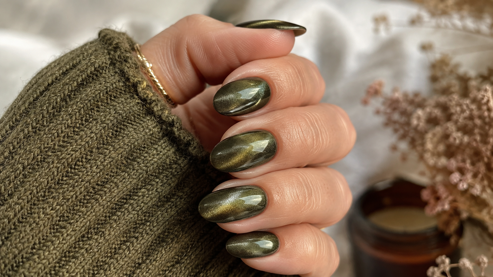 Olive Magnetic Velvet Nails September Nail Ideas 2026